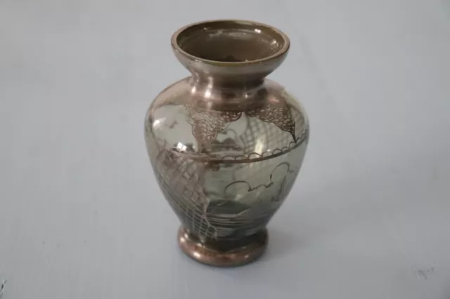 Ancien Petit Vase A Col En Verre Soufflé  Gris Décor  Argenté -