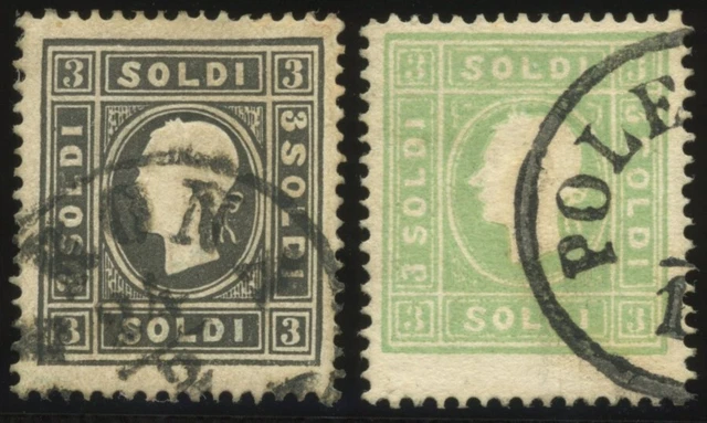 LOMBARDEI UND VENETIEN 1858, 3 So. schwarz und grün, Type II, 2 Prachtwerte, Mi.