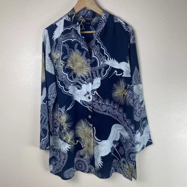 Citron Santa Monica L 100% Silk Kimono Shirt Tunic Japanese Crane Oriental Blue