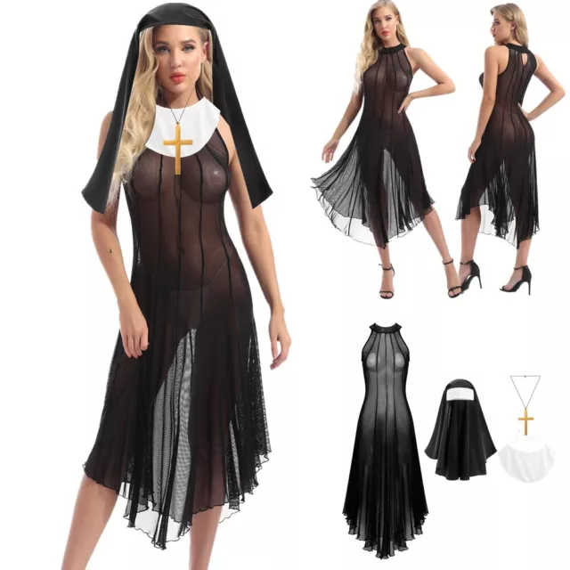 Womens Naughty Nun Role Play Outfits Religious Nun Cosplay Costume 3pc Punk