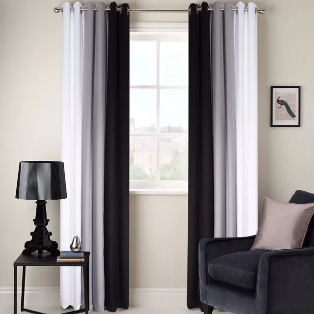 Ring Top Fully Lined Blackout 3 Tone Ready Made Eyelet Curtains Black Grey White