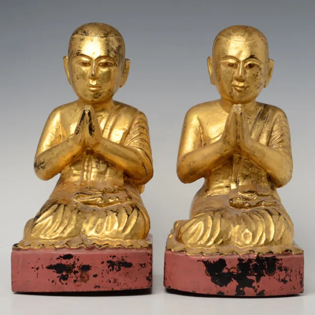 19th Century, Mandalay, A Pair of Antique Burmese Wooden Seated Disciples
