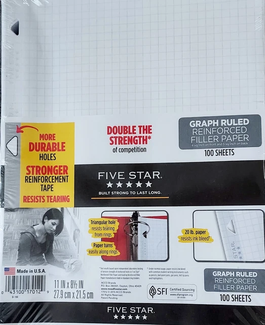 GRAPH PAPER RULED Reinforced Filler 3 hole punch Paper. 2 Pack New