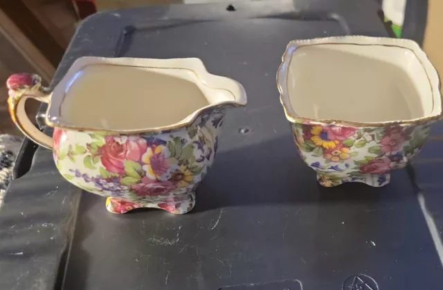 Royal Winton Summertime Grimwades Rose Chintz Creamer Sugar Bowl  England 3