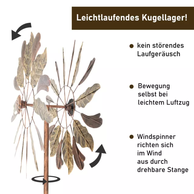 Windrad “Leaves”, Windspiel mit 2 gegenläufigen Rotoren, Gartendeko 213 cm hoch 2