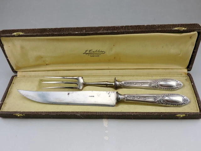 Service à Découper XIXe – Couteau En Acier, Manche Argent Massif, Poinçon Minerve