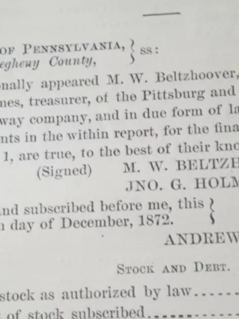 1873 train paper PITTSBURGH  & BIRMINGHAM RR horse drawn streetcar trolley PA 2