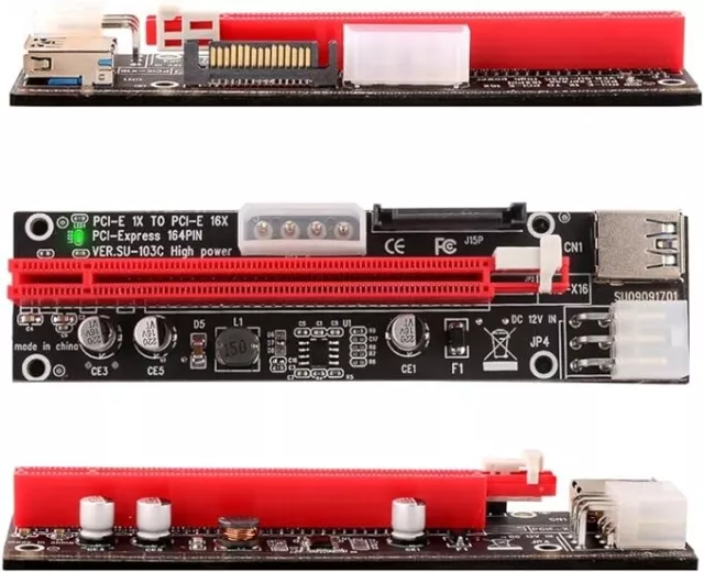 Ubit PCIe Riser, 3 in 1 1x to 16x Pcie Riser Board with LED Light, 60 cm USB3