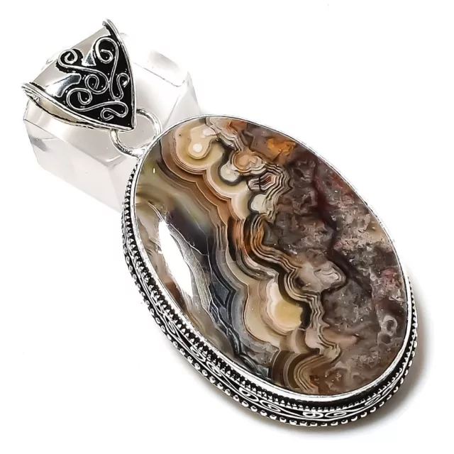 Laguna Lace Agate Gemstone Handmade 925 Sterling Silver Pendant 2.48" For Her r3
