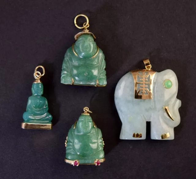Four Vintage Carved Jade & 14K Gold Buddha & Elephant Pendant Charms~Chinese