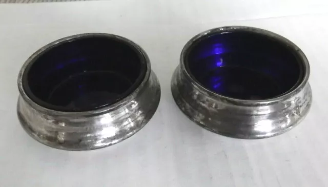 Pair of Sterling Silver Salt Cellars/Dips with Cobalt Blue Glass Inserts