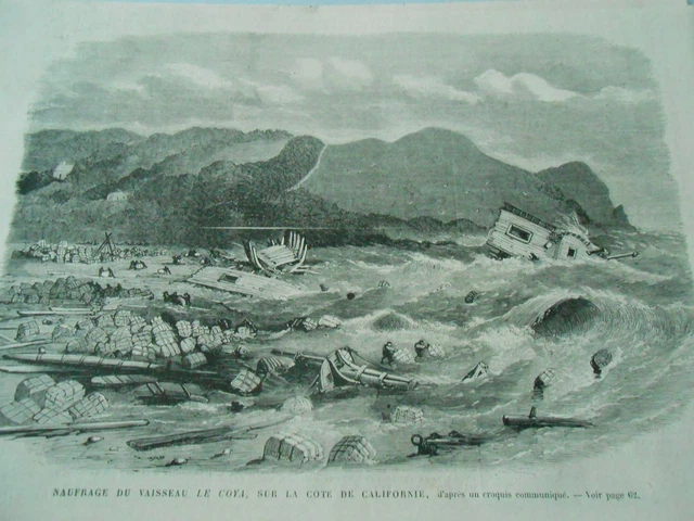 1867 Engraving - Shipwreck of Le Coya on the California Coast