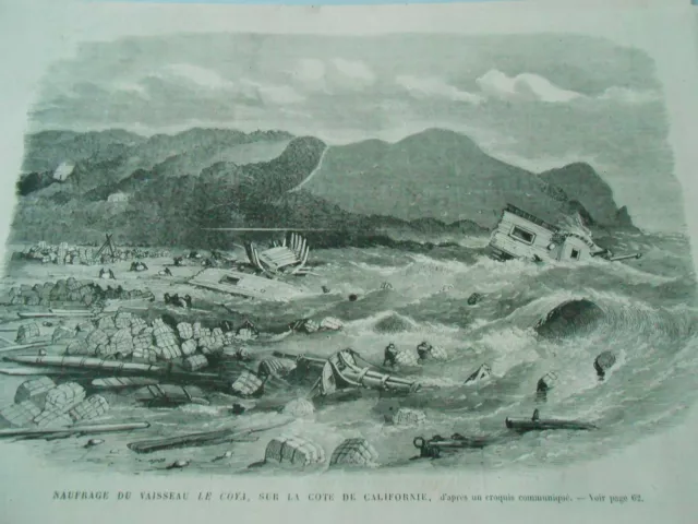 Gravure 1867 - Naufrage du Vaisseau Le Coya sur la cote de Californie