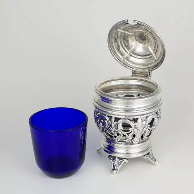 Antique French Sterling Silver Mustard Pot Cobalt Blue Glass Liner