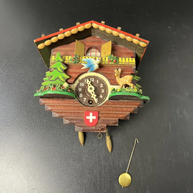 German Novelty Mini Cuckoo Clock Tree Bird Deer/Fawn Wooden No Key Part/Repair