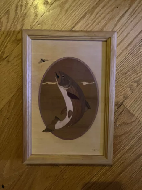 Hudson River Inlay Marquetry Wood Trout Fish Jeff Nelson Framed Art 9.75" x6.75”