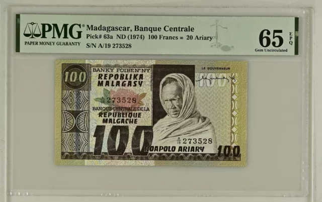 Madagascar 100 Francs 1974 Unc Pn 63a PMG 65 EPQ, Banknote24