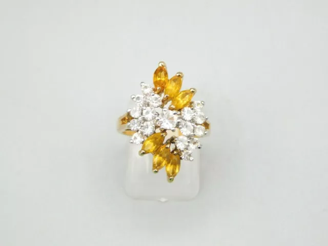 Vintage Signed Uncas Citrine Colored and Clear Rhinestone 14k HGE Cocktail Ring