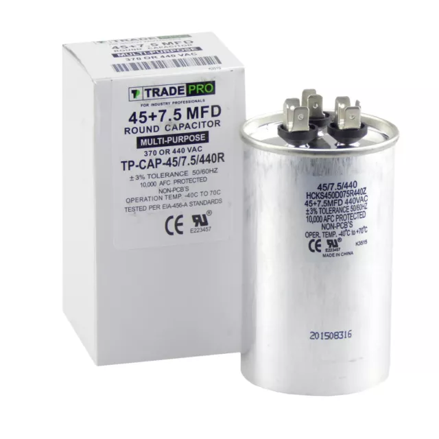 45 + 7.5 Round Capacitor Multi-Purpose 370 or 440V HEAVY-DUTY REPLACEMENT 45/7.5