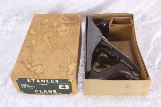 Vintage Stanley Bailey No.4 Wood Plane W/ Original Box 2" Cutter Smooth Bottom