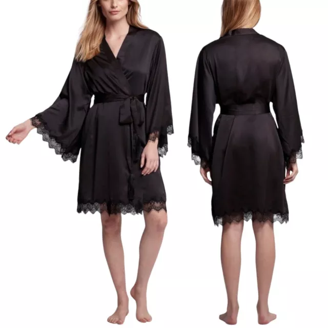 Homebodii Donatella Black Satin Lace Robe Size Large 14 L Lounge Kimono Gown