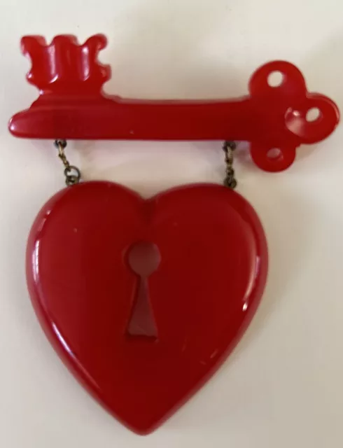 Very Rare Vintage 1940s Red MacArthur Bakelite Heart and Key Brooch Pin