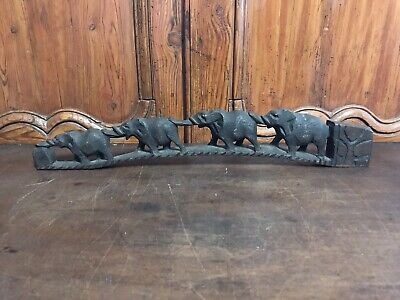 Antique Large Wooden Teak Elephant Family Statue Hand Carved Old And Rare