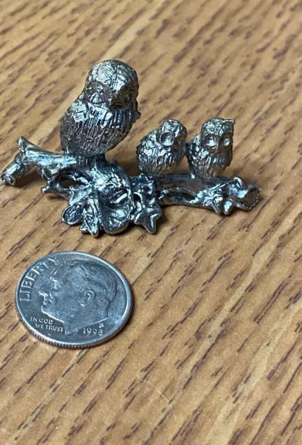 Miniature Solid Pewter Owl Figurine Trio of Three Owls On Log Mini Small, cute