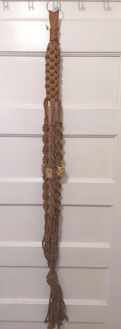 Vtg 55" Brown Mid Century Modern Macrame Plant Hanger W/ Ceramic & Wooden Beads