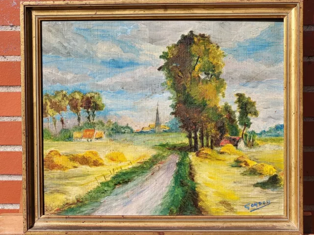 Tableau signée GORDON. Paysage Campagne Nature Peinture huile sur toile