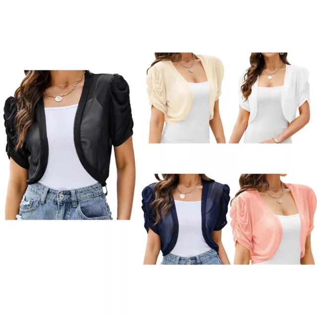 Women Sheer Chiffon Cropped Cardigan Short Sleeve Bolero Shrugs Shrugs Cover Ups