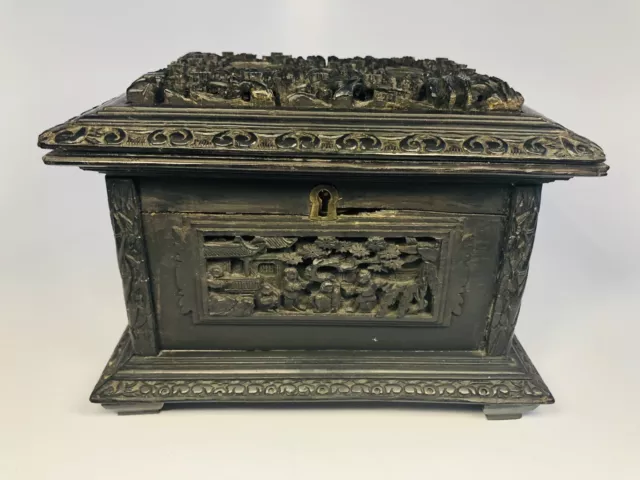 Antique 19th Century Chinese Finely Hand-Carved Black Wood Jewelry Box 6.5x5x5