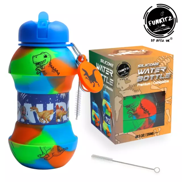 FunKitZ Dinosaur Kids Water Bottle - Collapsible Water Bottle Kids - BPA FREE