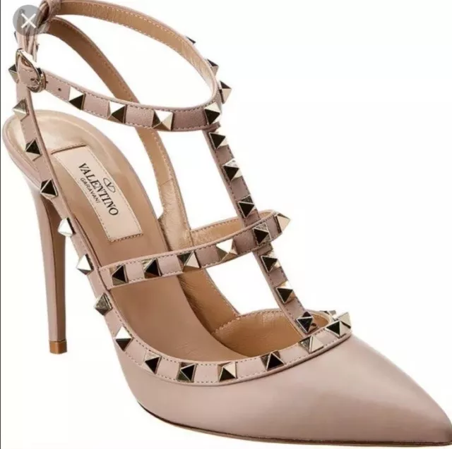 Valentino Rockstud Leather Ankle Strap Pump Beige