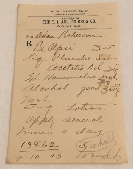 Antique Rx Prescription Form Opii 1905 Paper Ephemera Castle Rock WA Pharmacy