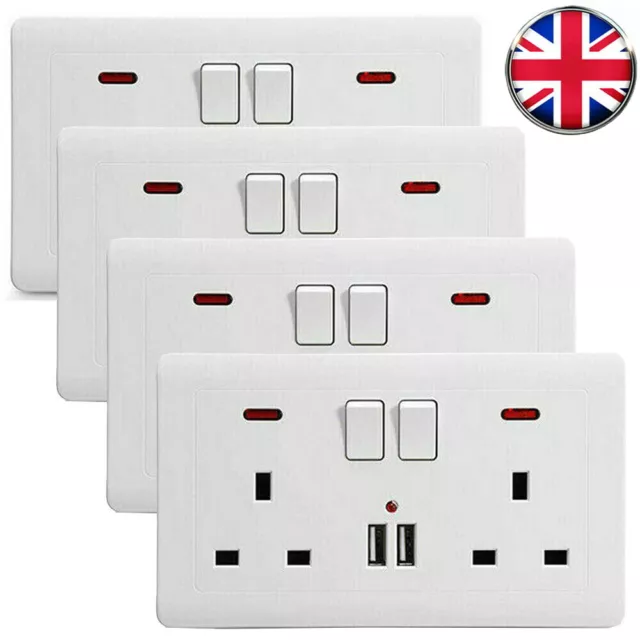 Double/ 2 Gang Wall Socket 13A With 2 USB Charger Ports Plug Switched Socket