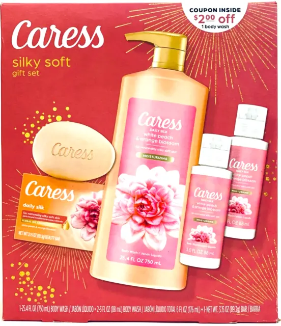 Caress Daily Silk White Peach & Orange Blossom 4 Pc Body Wash & Soap Gift Set
