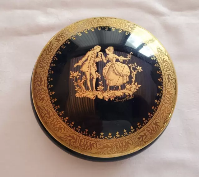 Porcelain Trinket Box Limoges Castel Cobalt Blue 22K Gold Decoration Round