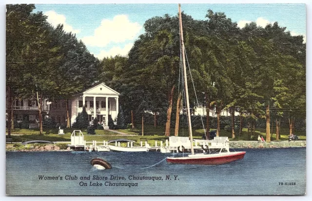 Women's Club And Shore Drive Chautauqua Lake New York NY Trees View Postcard