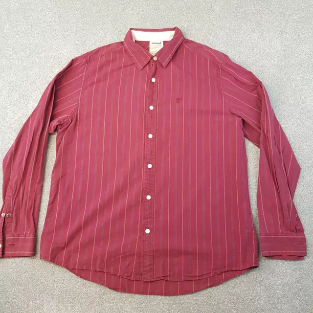 Timberland Mens Shirt XL Burgundy Stripes Regular Fit Long Sleeve Button Up Logo