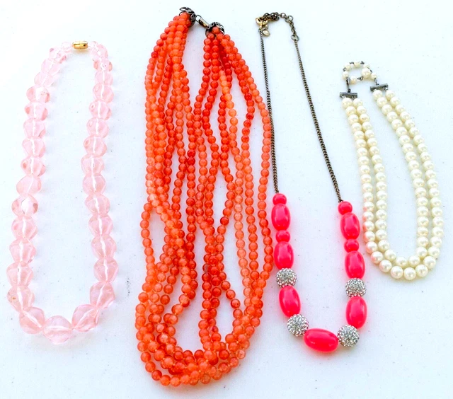 Vintage Lot of 4 Orange & White Bead Necklaces - 1 signed J Crew