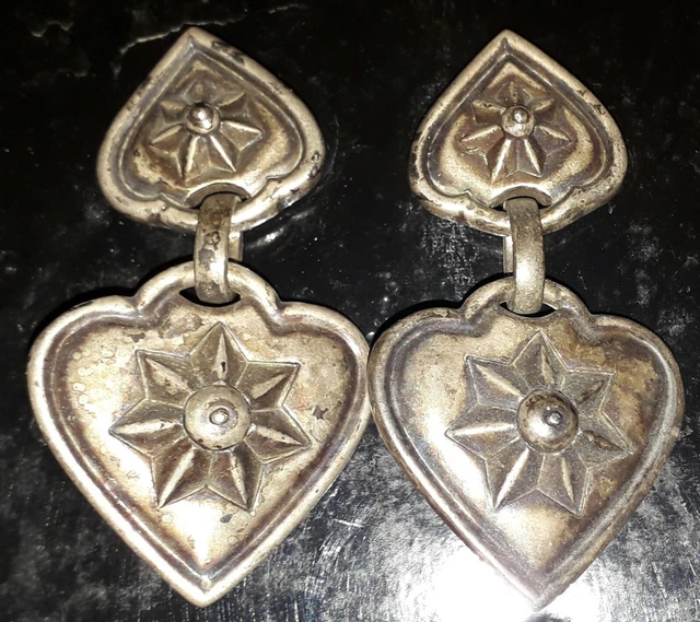 Boucles D'oreilles Anciennes, Pierre Bleue Et Strass, Motif Coeur, Vintage
