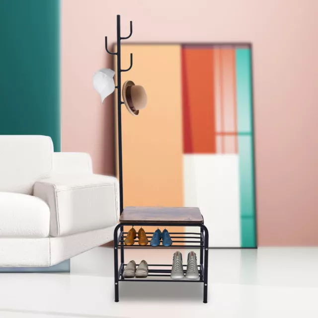 3 in1 Coat Rack Shoe Bench Iron Pipe Entryway Hall Tree Bench with Storage Shelf