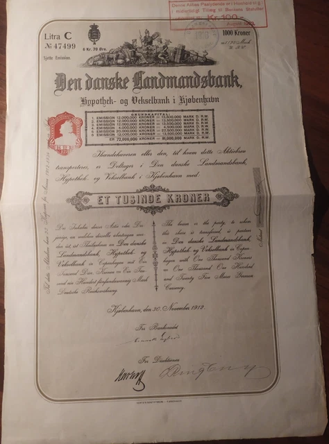 Denmark 1912 Copenhagen Danish Farmers Bank 1000 Kroner Bond Loan Share Stock