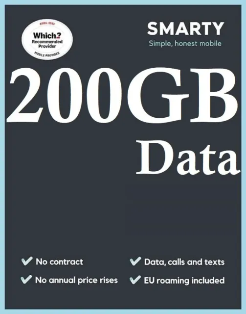 Smarty 200GB Data Mobile Broadband PAYG SIM Card for Dongle MiFi Tabs Mobile PS4