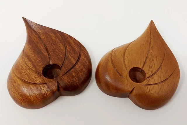 Wooden Leaf Candle Holders (2) VTG Poplar Birch Leaves Stands Base Wood Decor