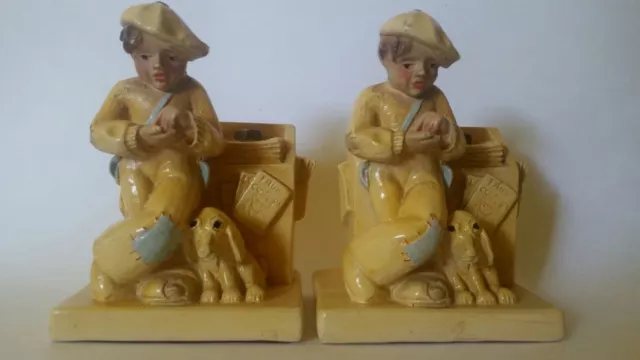 Rare!  1930s  Antique Chalkware Bookends!  Boy & Hound Dog. Great for Boys Room!