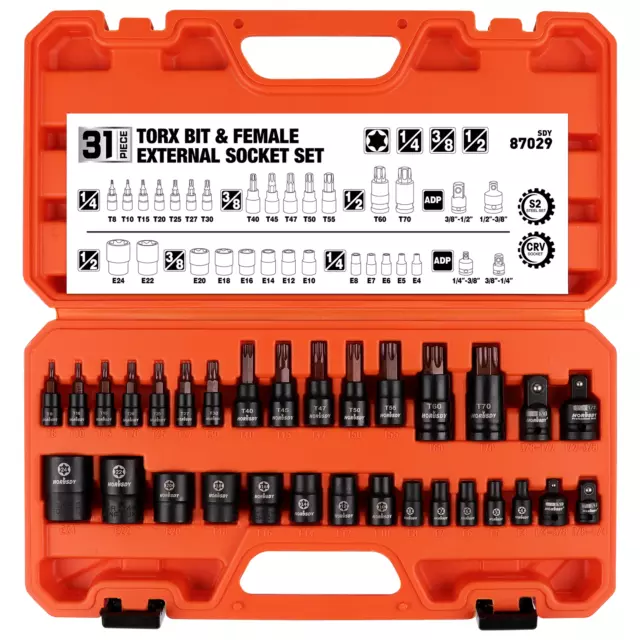 HORUSDY 31PC Torx Bit Socket& Female External Socket Set & Impact Socket Adapter