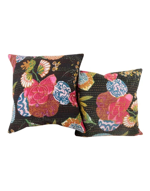 Black Floral Kantha Cushion Cover Indian Cotton Pillowcase Decor Sofa Couch Sham