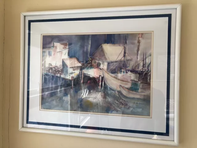 Janet Bocast Original Watercolor Framed Docks Boats Listed Oregon Artist